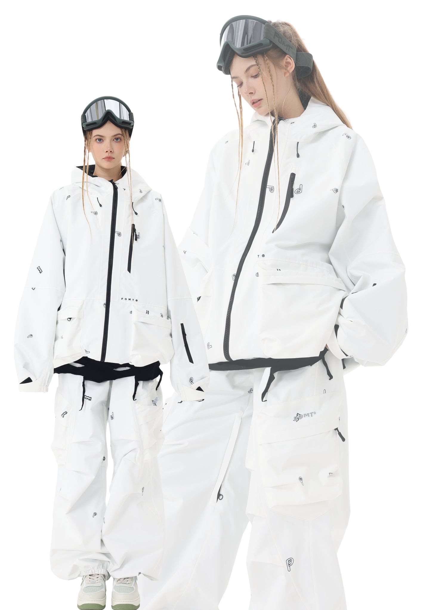 People wearing white snow ski/snowboard suits on a white background