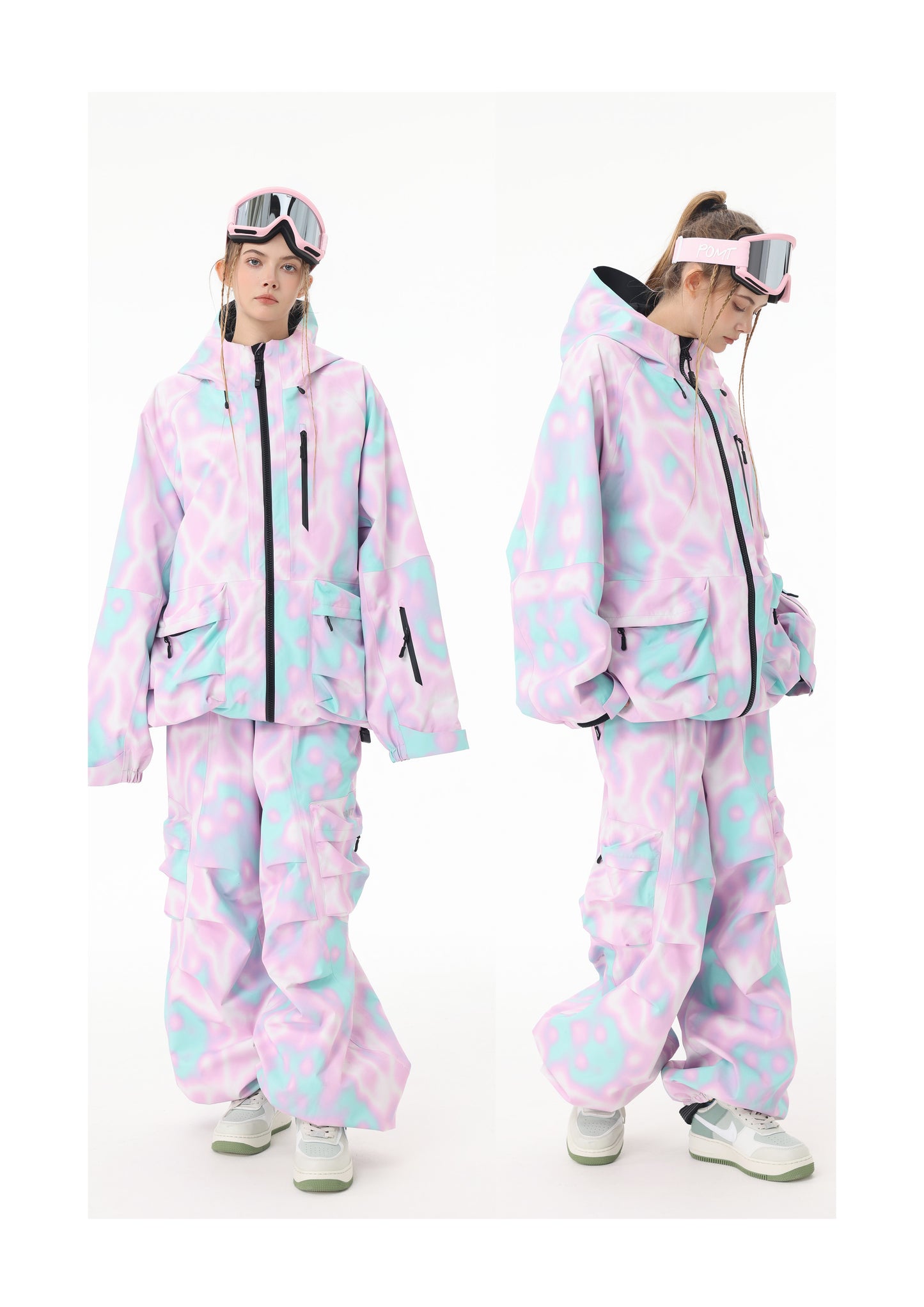 People wearing pink snow suits on a white background