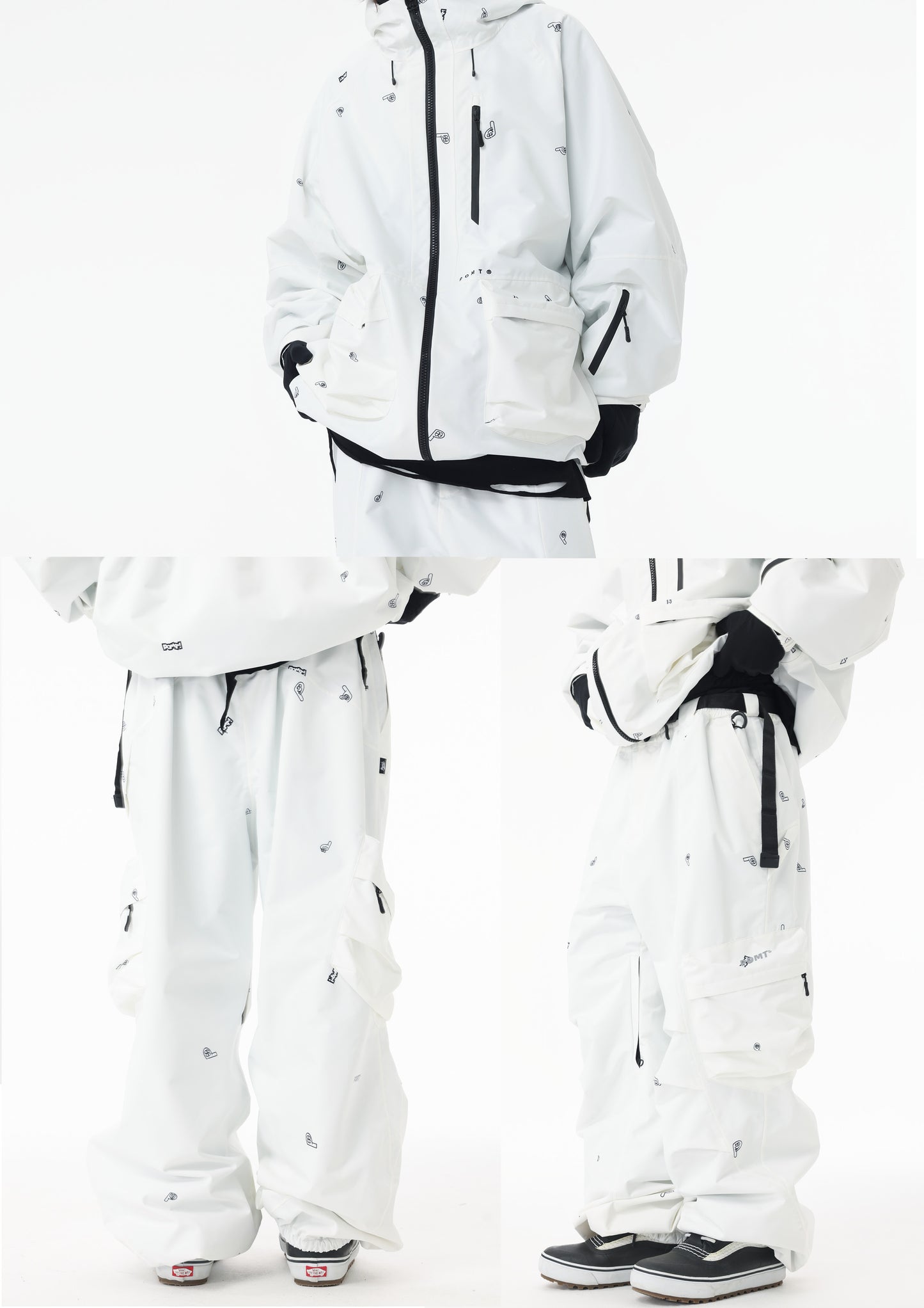 White snowsuit with black accents on a white background